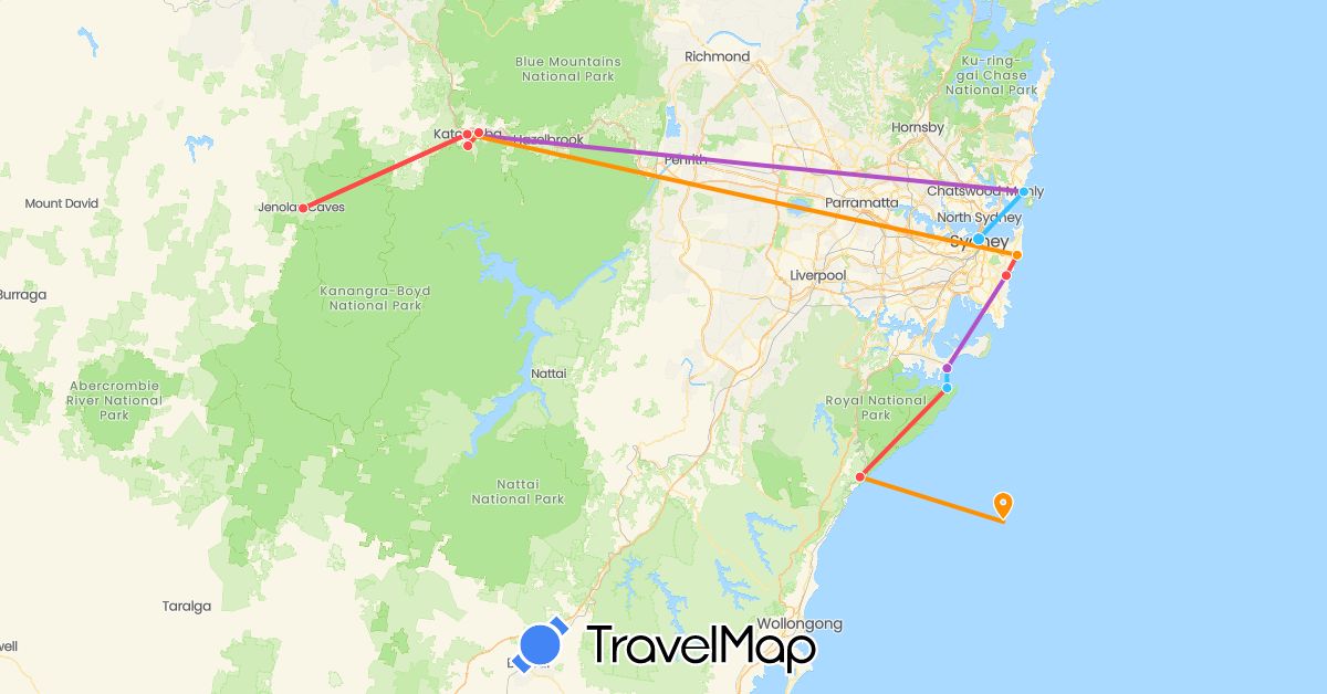 TravelMap itinerary: driving, train, hiking, boat, hitchhiking in Australia (Oceania)